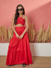 Women Red Front Corsage Tube Top With Tiered Skirt