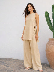 Women Beige Long Line Top With Straight Wide Leg Pants