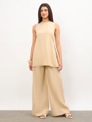 Women Beige Long Line Top With Straight Wide Leg Pants