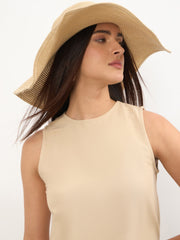 Women Beige Long Line Top With Straight Wide Leg Pants