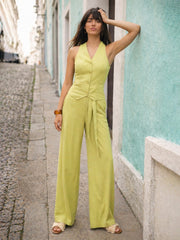 Women Green Vest Top With Belted Straight Pants
