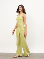 Women Green Vest Top With Belted Straight Pants