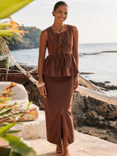 Women Brown Front Knot Peplum Top With Straight Skirt