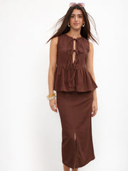 Women Brown Front Knot Peplum Top With Straight Skirt