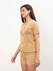 Women Beige Front Button Oversize Top With Shorts