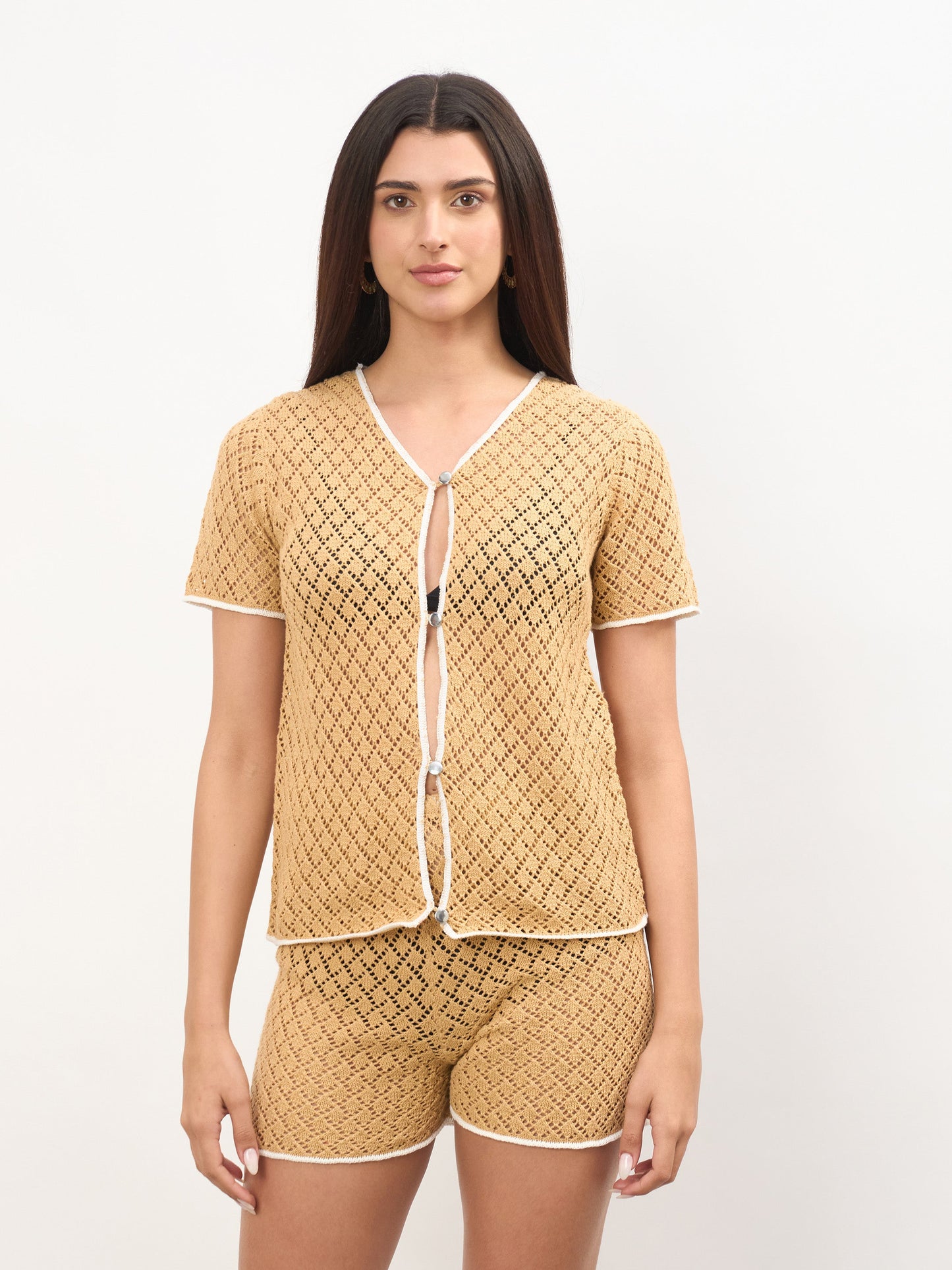 Women Beige Front Button Oversize Top With Shorts