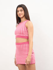 Women Pink & White Round Neck Crop Top With Mini Skirt