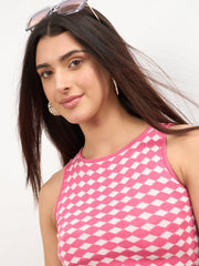 Women Pink & White Round Neck Crop Top With Mini Skirt