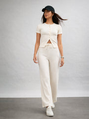 Women Off-White Round Neck Button Down Top With Drawstring Pants