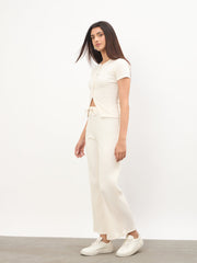 Women Off-White Round Neck Button Down Top With Drawstring Pants
