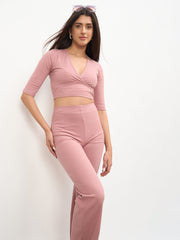 Women Pink V-Neck Crop Top With Elasticated Pants