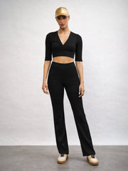 Women Black V-Neck Crop Top With Elasticated Pants