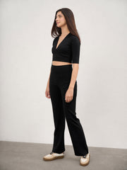 Women Black V-Neck Crop Top With Elasticated Pants