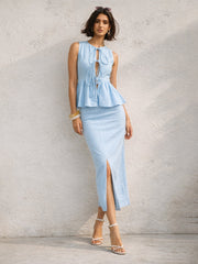 Women Blue Front Knot Peplum Top With Straight Skirt