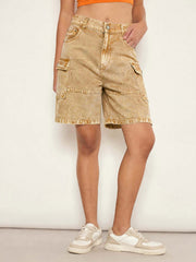 Women Beige Overdyed Mid Rise Bermuda Shorts