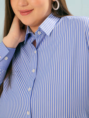 Women Blue Stripes Poplin Regular Shirt