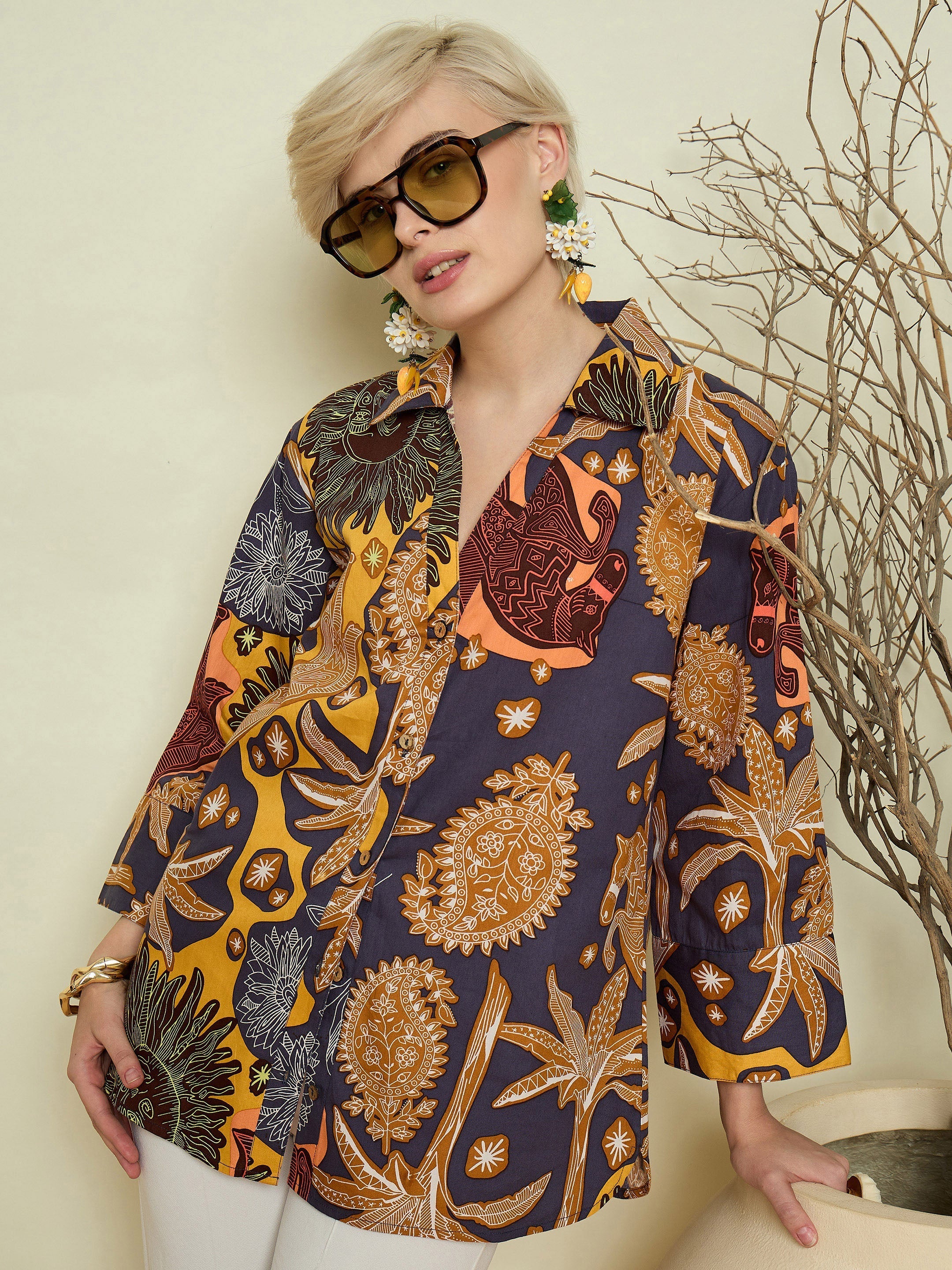 Grey Boho Printed Bell Sleeves Regular Shirt Pink Paprika By SASSAFRAS