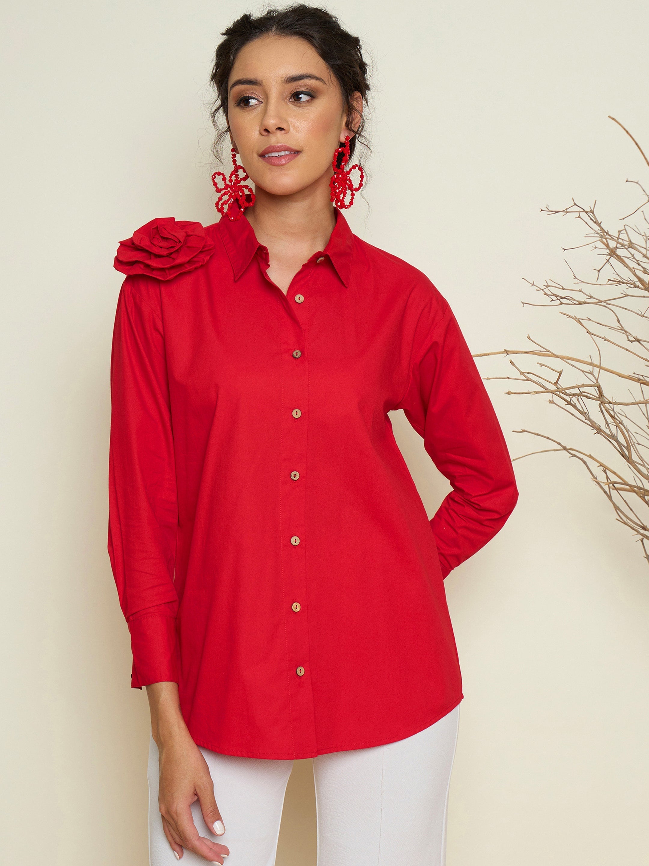 Red Poplin Shoulder Corsage Regular Shirt Pink Paprika By SASSAFRAS