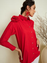 Red Poplin Shoulder Corsage Regular Shirt Pink Paprika By SASSAFRAS