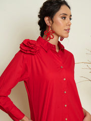 Red Poplin Shoulder Corsage Regular Shirt Pink Paprika By SASSAFRAS