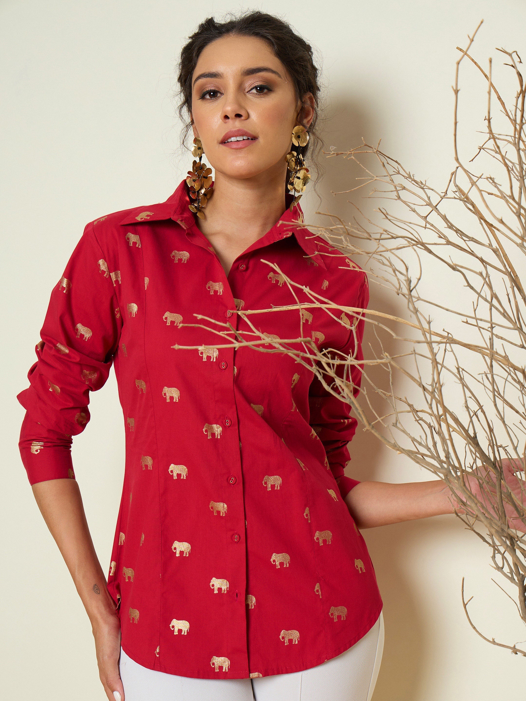 Fuchsia Foil Print Shoulder Padded Slim Fit Poplin Shirt Pink Paprika By SASSAFRAS