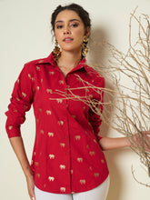 Fuchsia Foil Print Shoulder Padded Slim Fit Poplin Shirt Pink Paprika By SASSAFRAS