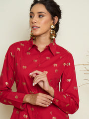 Fuchsia Foil Print Shoulder Padded Slim Fit Poplin Shirt Pink Paprika By SASSAFRAS