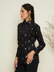 Black Foil Print Shoulder Padded Slim Fit Poplin Shirt Pink Paprika By SASSAFRAS