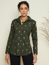 Olive Foil Print Shoulder Padded Slim Fit Poplin Shirt Pink Paprika By SASSAFRAS