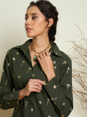 Olive Foil Print Shoulder Padded Slim Fit Poplin Shirt Pink Paprika By SASSAFRAS