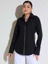 Black Embellished Placket Slim Fit Shirt SASSAFRAS