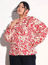 Red Floral Front Frill Regular Shirt SASSAFRAS Curve