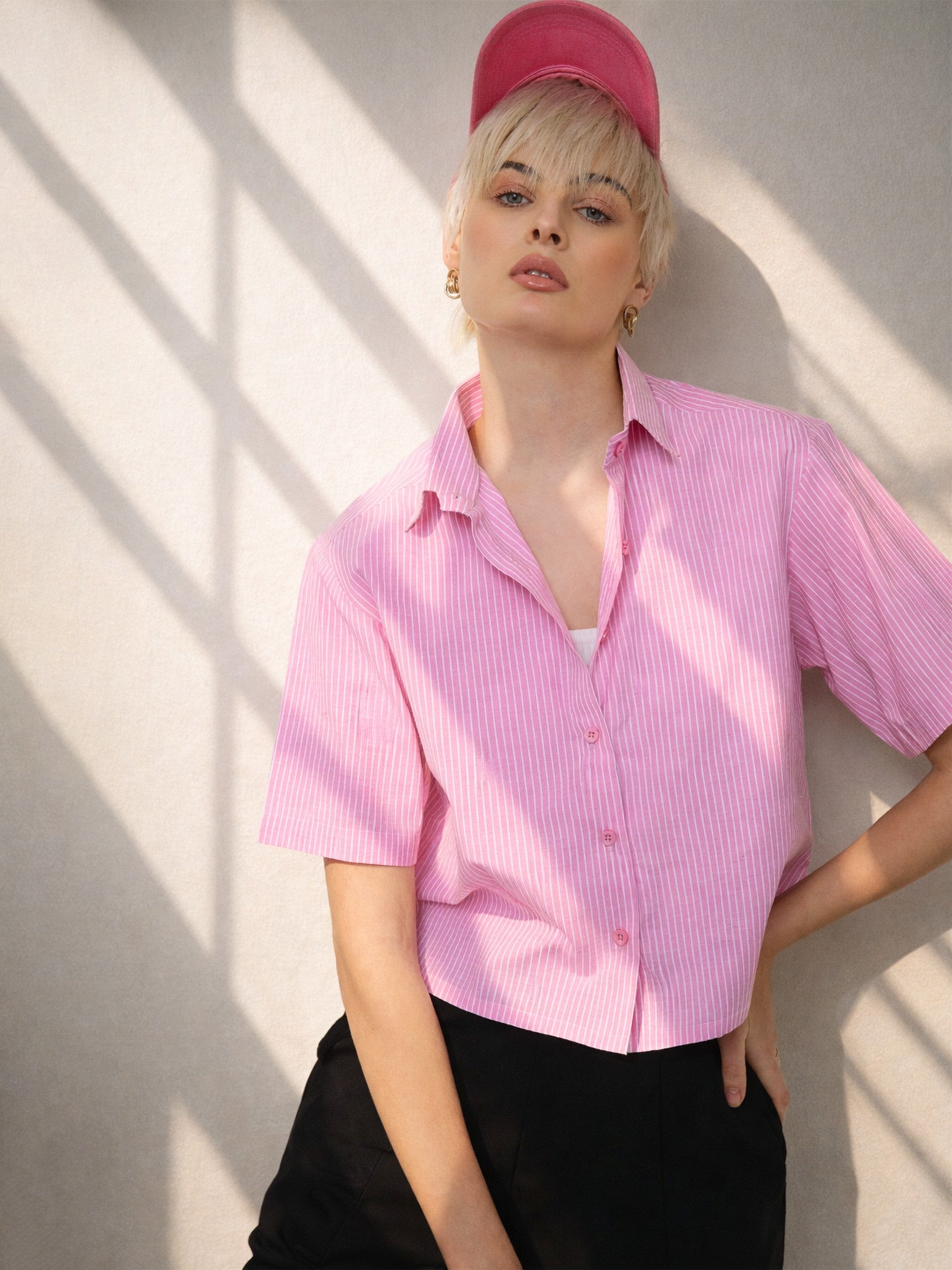 Women Pink Stripes Crop Shirt