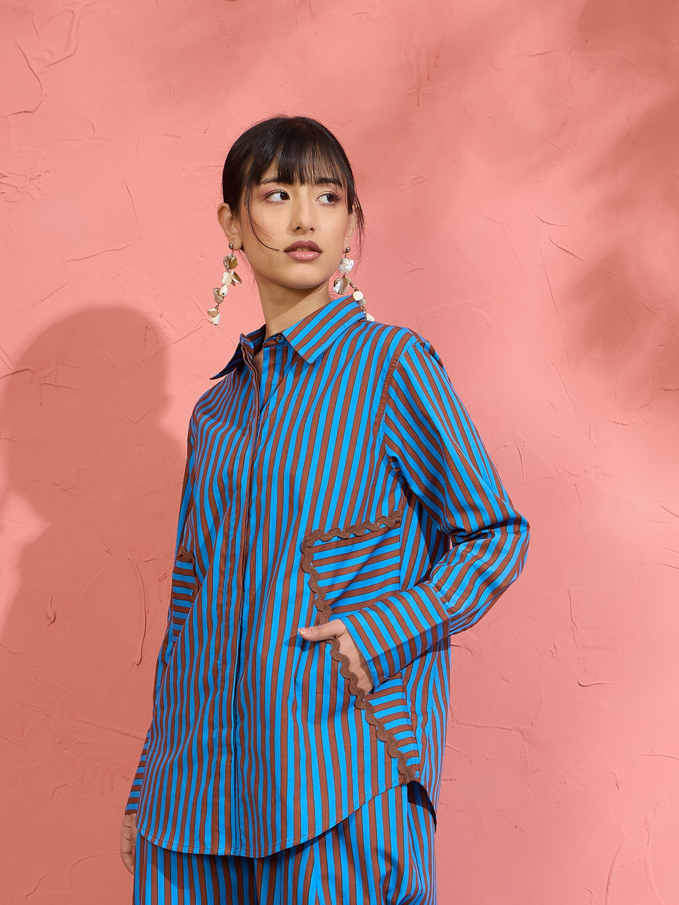Blue & Brown Stripe Ric Rac Regular Shirt Pink Paprika by SASSAFRAS