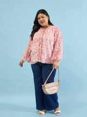 Women Pink Floral Ruffle Neck Regular Shirt