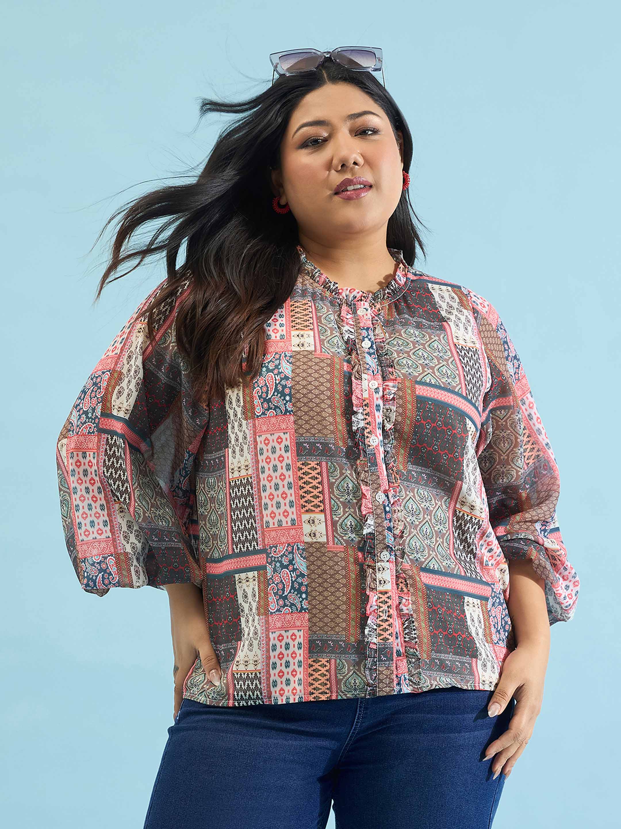 Women Brown Scarf Print Ruffle Neck Regular Shirt