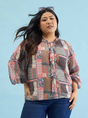 Women Brown Scarf Print Ruffle Neck Regular Shirt