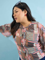 Women Brown Scarf Print Ruffle Neck Regular Shirt