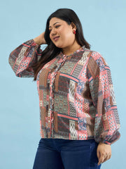 Women Brown Scarf Print Ruffle Neck Regular Shirt