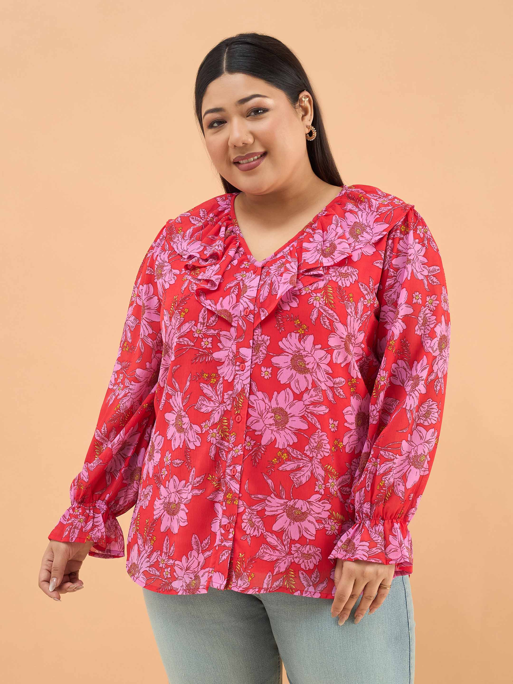 Women Red Floral Frill Neck Regular Shirt