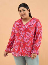 Women Red Floral Frill Neck Regular Shirt