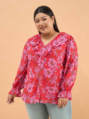 Women Red Floral Frill Neck Regular Shirt