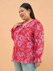 Women Red Floral Frill Neck Regular Shirt