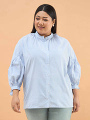 Women Ice Blue Stripes Mandarin Collar Tie Knot Shirt