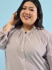 Women Brown Stripes Mandarin Collar Tie Knot Shirt