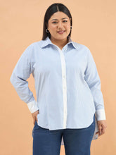 Women Ice Blue Stripes High-Low Shirt