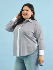 Women Black Stripes High-Low Shirt