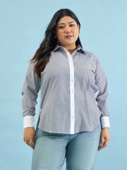 Women Black Stripes High-Low Shirt