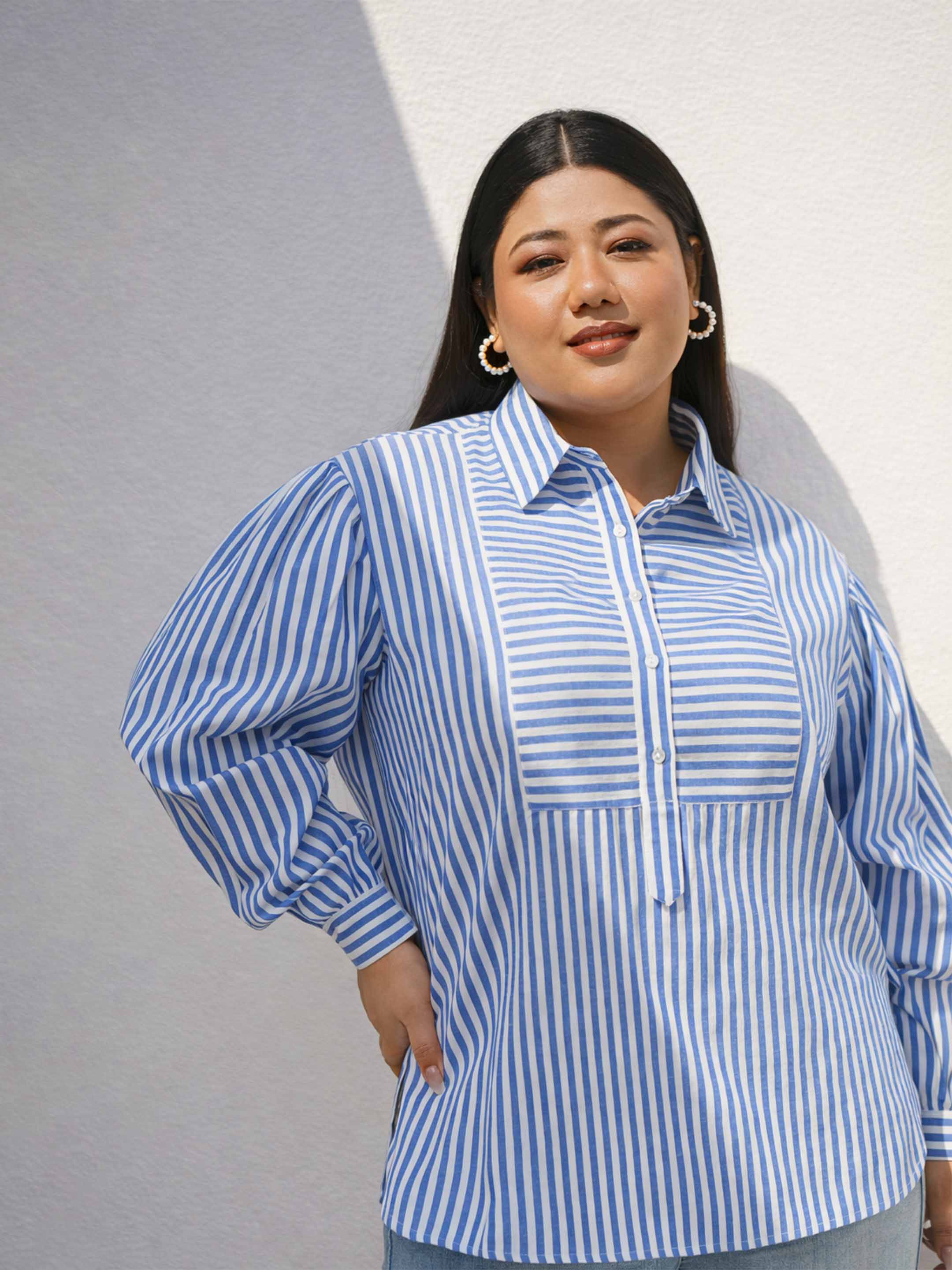 Women Navy Stripes Front Yoke Detail Regular Shirt