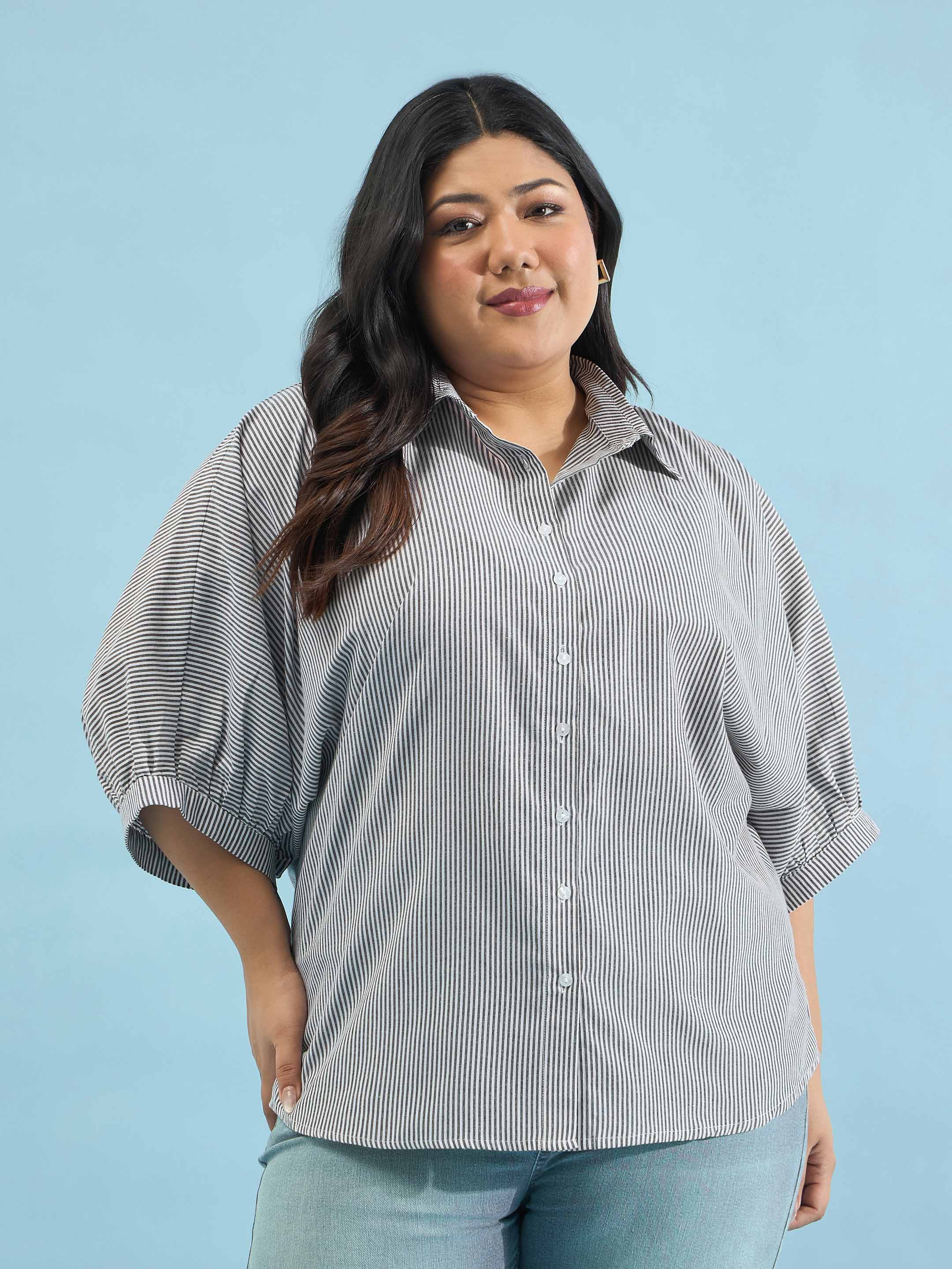 Women Black Stripes Kimono Sleeves Regular Shirt
